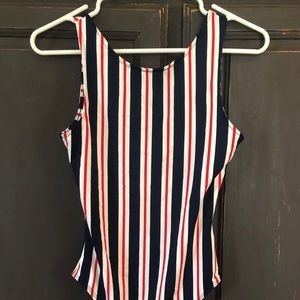 Navy, red and white body suit. Never worn!